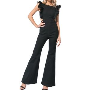 Jealous Tomato Denim Black Cutout Ruffle Sleeveless Wide Leg Overall Jumpsuit
